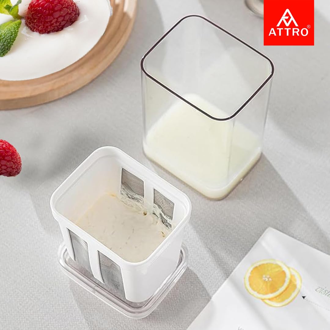 ATTRO Greek Yogurt & Curd Maker Fine Mesh Strainer with Lid Multifunctional Whey Separator for Homemade Yogurt, Curd, Cheese, Hung Curd & More – Easy to Use & Clean- White- 1100ml