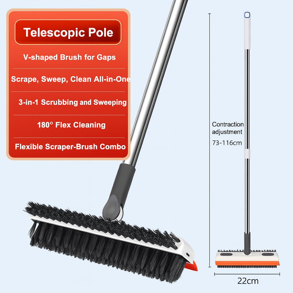 ONEFLESH 3 in 1 Bathroom Cleaner Brush Long Handle Floor Brush with Wiper for Home Cleaning, Bathroom Tiles Cleaning Brush, 180° Rotate Bathroom Brush for Heavy Duty_(AR)