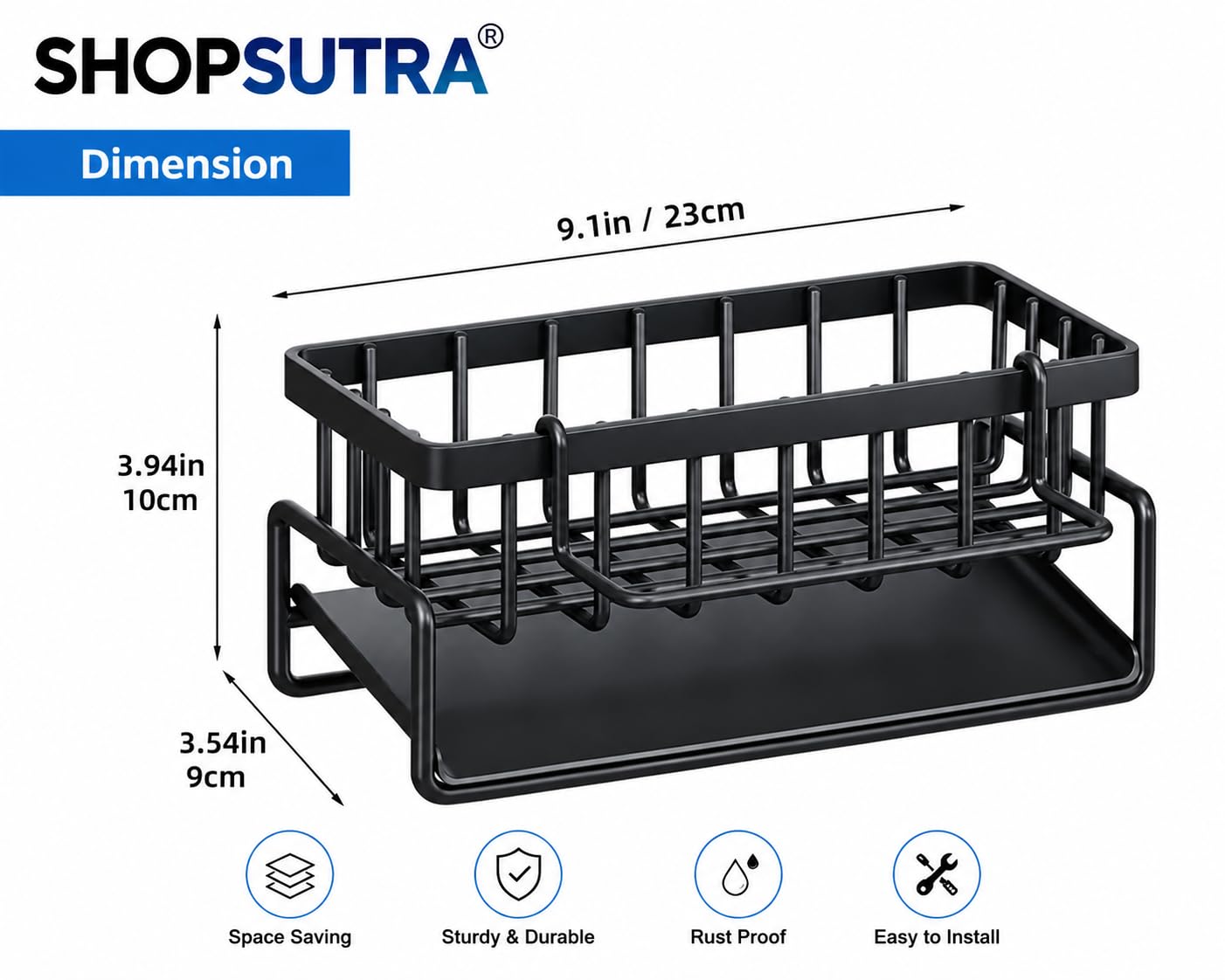 Kitchen Sink Organiser with Drain Tray, Countertop Storage Rack for Dish Soap Sponge Scrubber, Metal Wire Design, Black