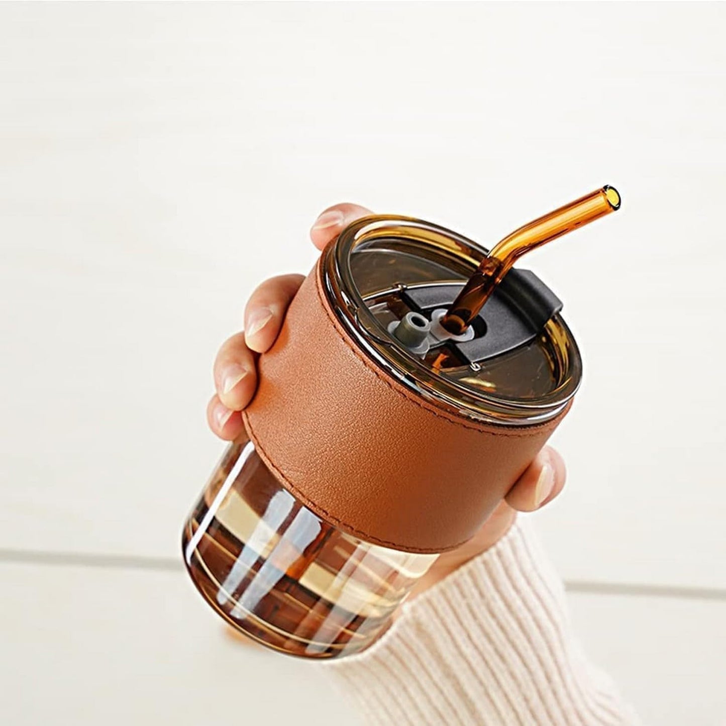 Glass Sipper Tumbler Lid and Straw Coffee Tumbler Tea Coffee Mugs with Leather Sleeve Cup and Mug for Kids Milk Juice Mug for Water Drinking Sipper,400 ML (1 PCS Brown)