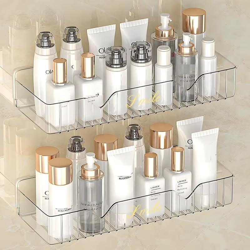 Transparent Acrylic Bathroom Shelf | No Drill Wall Mounted Organizer Heavy Duty Self Adhesive Shower for Shampoo, Conditioner, Skincare Rustproof Clear Storage Rack Bathroom, Wash Basin