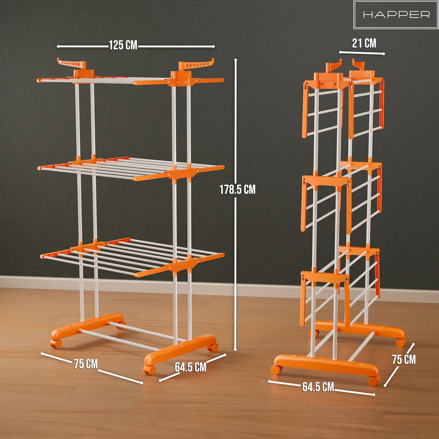 Happer Premium Clothes Stand for Drying with Wheels | Portable | 3 Layer Rack for Balcony | Foldable Wings | 24 Hanger Rods | Anti Rust Steel Metal (Orange | Prince Jumbo)