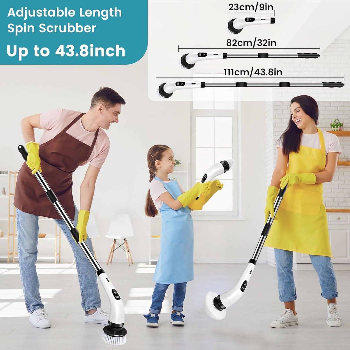 Seseno 9 in 1 Electric Spin Scrubber, Cleaning Brush Scrubber for Home, 300RPM/Min, 8 Replaceable Brush Heads, 3 Adjustable Size, 2 Adjustable Speeds, for Bathroom, Floor Tiles