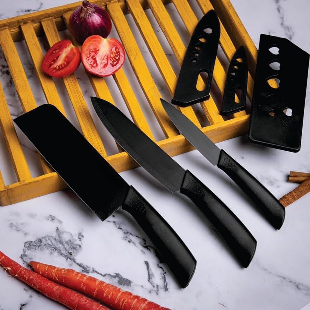 Klick n shop Stainless Steel Kitchen Knife Set – 3 Piece Chef, Utility & Paring Knives with Blade Cover | Sharp Vegetable, Fruit & Meat Cutting Knives with Ergonomic Handle (Black)