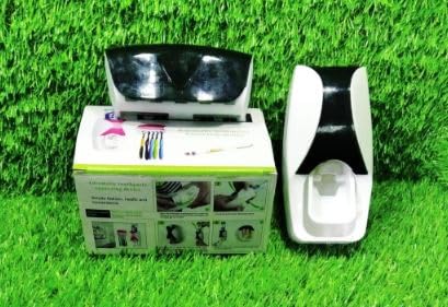 Wall Mounted Plastic Dust Proof Automatic Toothpaste Dispenser and 5 Toothbrush Holder with Cover Multicolor