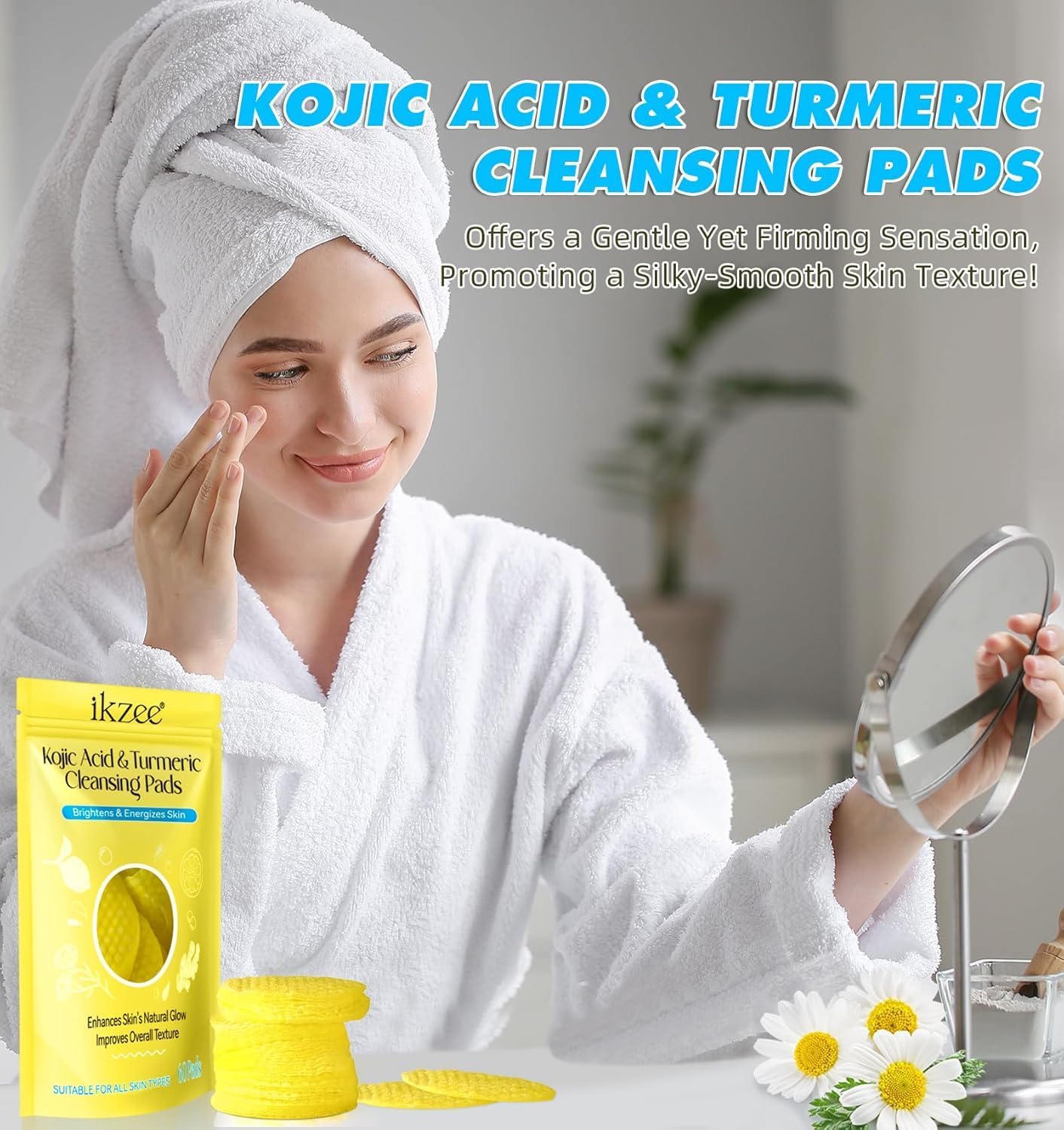 RIHETI Kojic Acid & Turmeric Cleansing Pads – 60PCS | Vitamin B5, Vitamin C, Lemon & Chamomile Infused Foaming Exfoliating Pads for Face | Natural Skin Brightening, Pore Cleansing & Makeup Removal