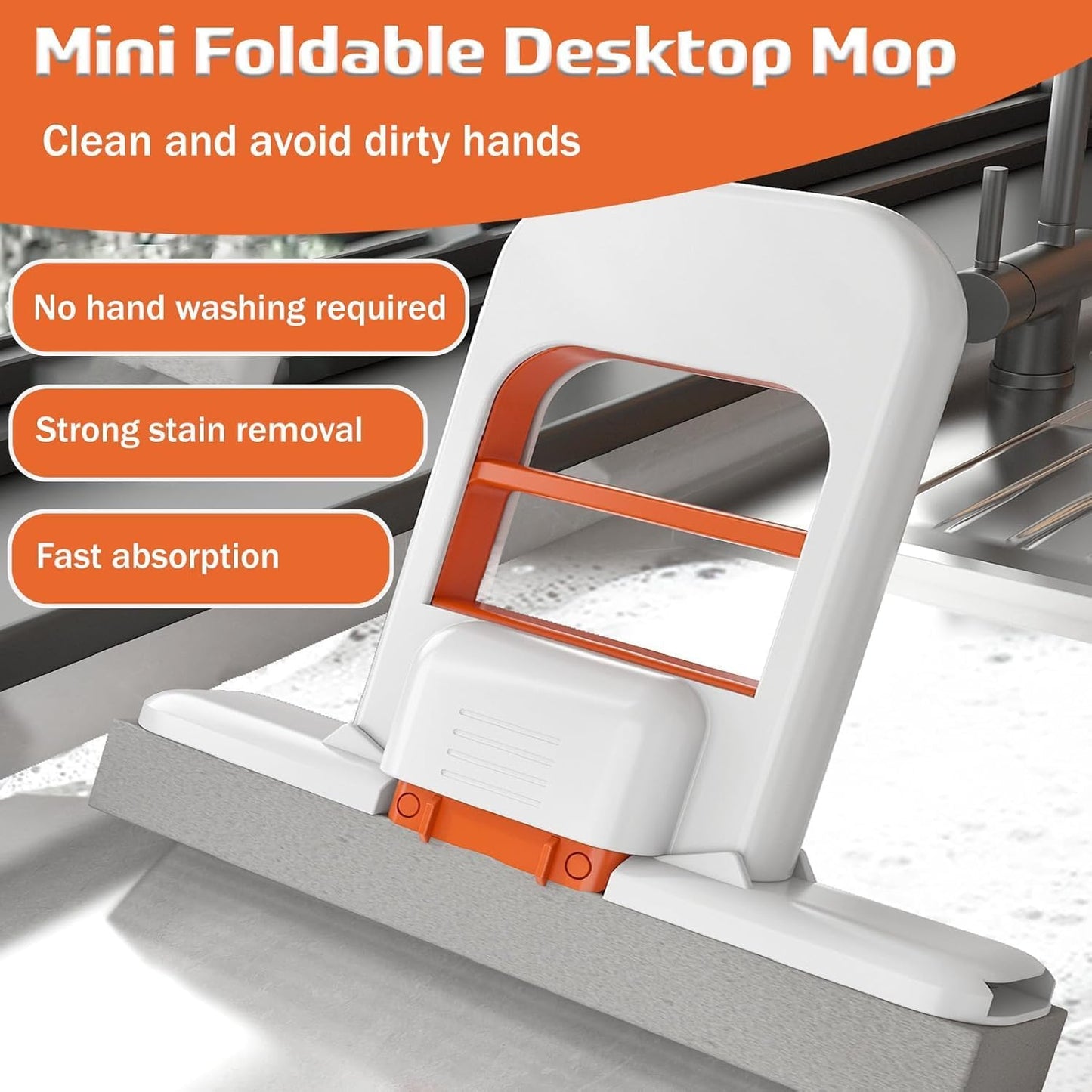 Mini Foldable Desktop Mop Portable Cleaning Sponge Mop Handheld Self Squeeze Cleaning Tool Wet and Dry Use System for Small Spaces Bathroom and Kitchen