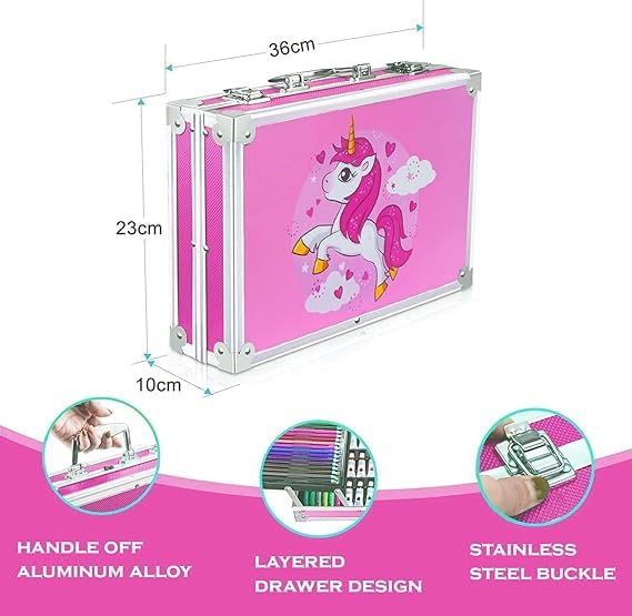 145 Pieces Art Set for Kids. 145 Pcs Color Set. Unicorn Painting Box. Drawing Colour Pencils, Oil Pastel, Watercolours, Sketches, Crayons & Paint Brush. Vanity Color Box for School Project. Pink