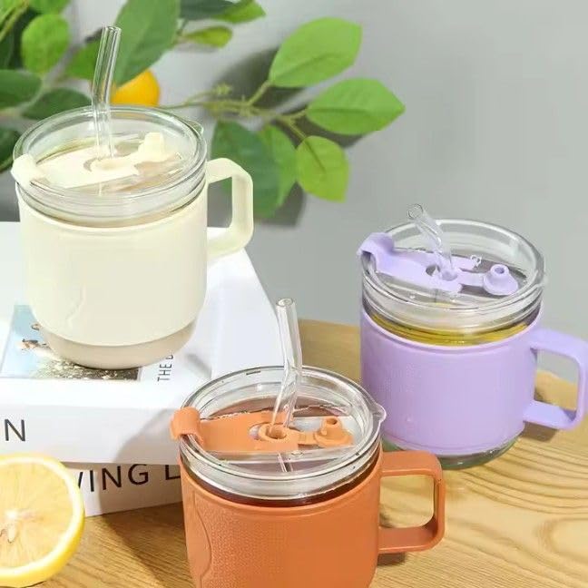 Mini Handle Glass Cup(Pack of 1)(350ML) Drinking GlassCup with Silicone Straw and Glass Lid Cartoon Pattern,Creative Multipurpose Drink forMilk,Tea,Coffee,Juice,Thick Shake
