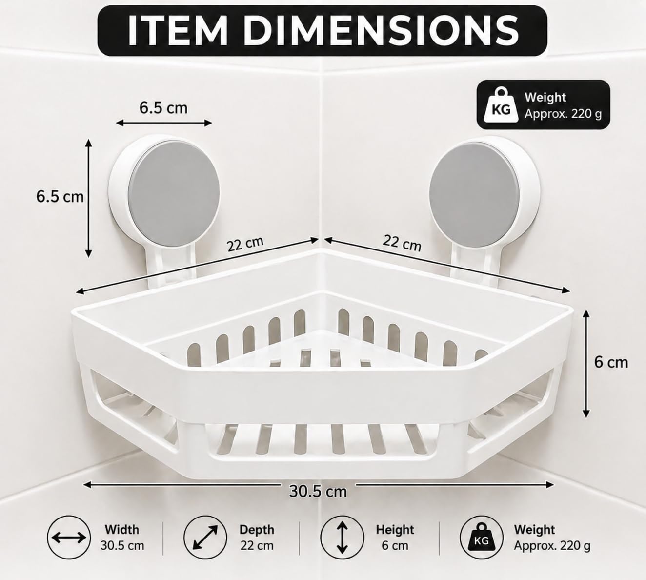 Bathroom Corner Shelf Wall Mounted | No Drill Suction Cup Shower Rack | Plastic Waterproof Corner Storage Organizer for Bathroom & Kitchen