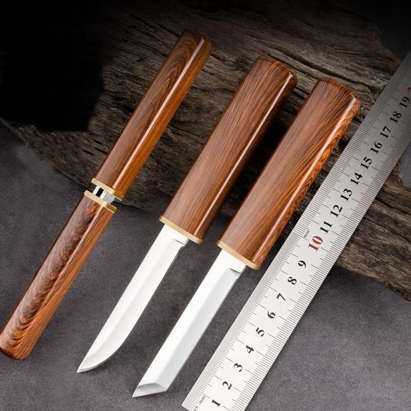 Mini Kantana Knife Set with Cover Dual Blade Stainless Steel Utility Knives Wood Color Plastic Handle for Kitchen Fruit Cutting Camping Trekking Outdoor Travel Everyday Carry Tool