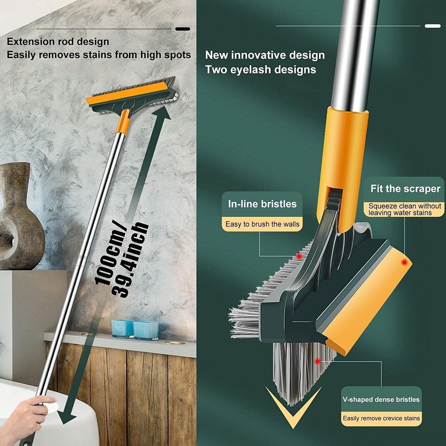 3-in-1 Bathroom Toilet Cleaning Brush with Wiper | Long Handle Floor & Bathroom Tile Scrubber | 120° Rotating Head | Multipurpose Home & Kitchen Cleaning Brush