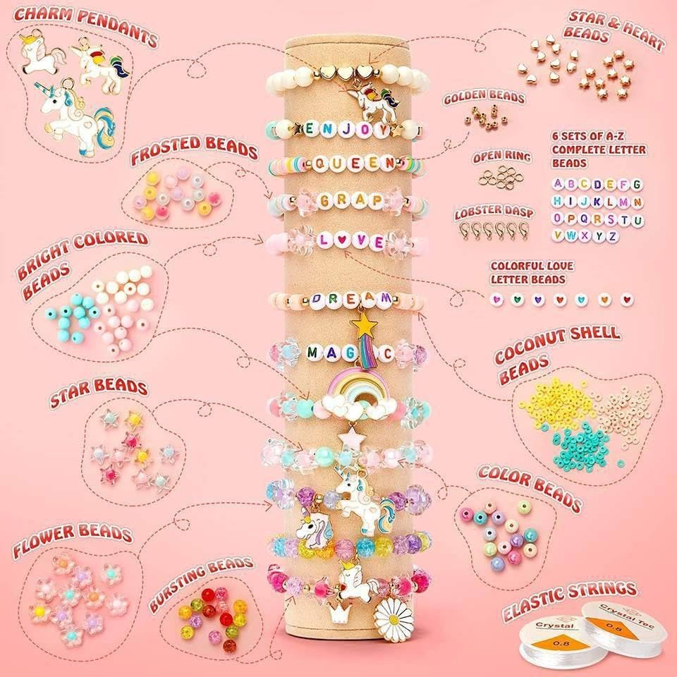 Sendria Unicorn Bracelet Making Kit for Girls Age 5–12 | DIY Jewelry Beads Set with Clay Beads, Unicorn Charms, Pearls, Letter Beads, Elastic Cord & Tools | Creative Arts & Crafts Gift