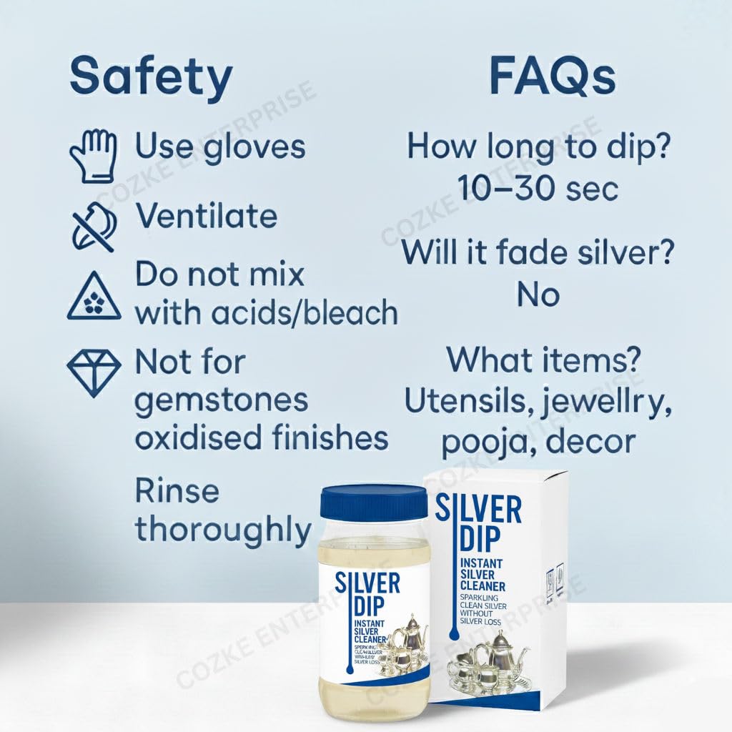 Silver Dip Cleaner Liquid - Fast Acting Tarnish Remover for Jewellery, Pooja Items & Utensils Instant Sparkling Clean