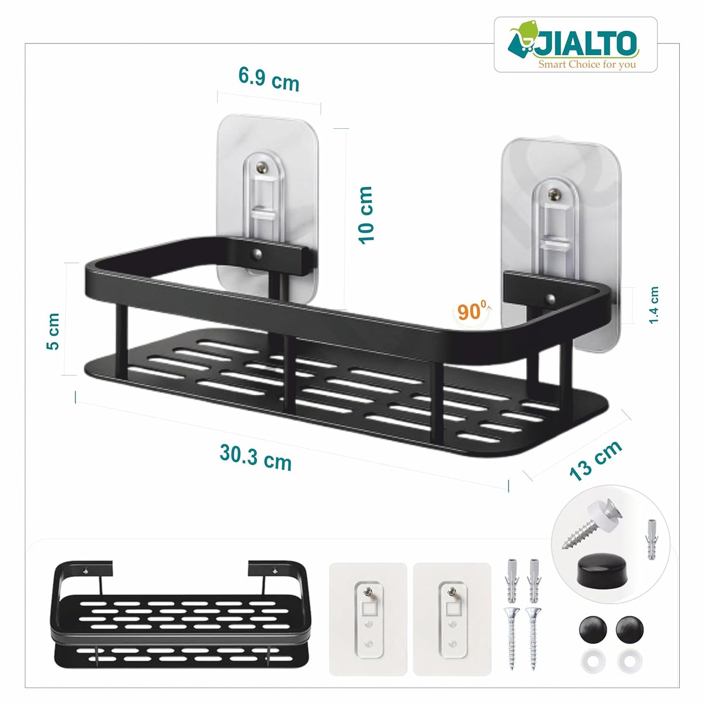JIALTO 1 Pcs Bathroom Accessories - Multipurpose Aluminium Bathroom Shelf for Wall | Self-Adhesive Wall Mounted Bathroom Organiser Without Drill | 1 Pcs Black Bathroom Shelf | Bathroom Rack (Black)