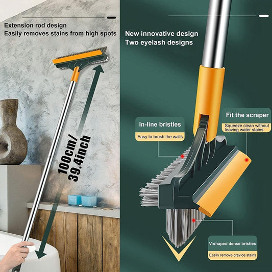 3-in-1 Bathroom Cleaning Brush with Wiper - Bathroom Cleaning Brush Long Handle 180° Rotate Toilet Brush Bathroom Tiles Cleaning, Wiper Floor Scrub for Kitchen Bathroom Cleaning (Yellow)