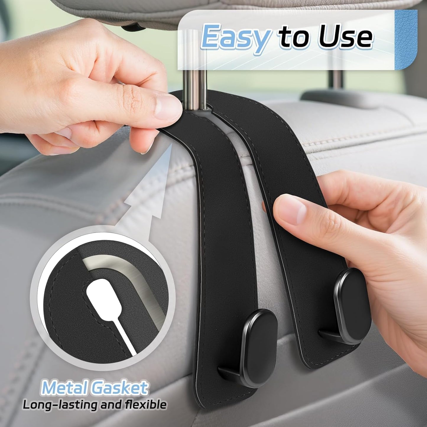 2 Pack Car Seat Headrest Double Hooks Leather Car Back Seat Headrest Hooks for Purses, Bags and Handbags, Car Organization Accessories