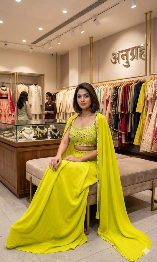 THIS WEDDING SEASON WEAR OUR BEAUTIFUL 3 PIECE WITH REAL MIRROR WITH  EMBROIDERED BLOUSE, SKIRT AND LONG SHRUGE