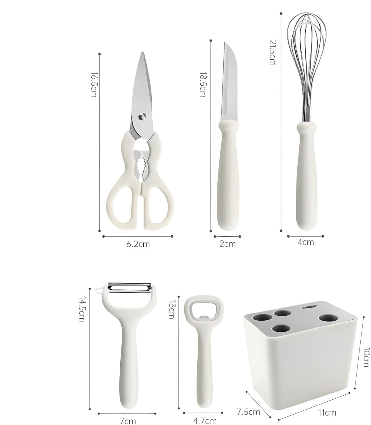 Stainless Steel 6-Piece Kitchen Gadgets Set, Kitchen Scissors, Kitchen Utensils Set with Holder, Paring Knife, Whisk, Bottle Opener, Peeler- Anti-Slip Handle, Decorative Base