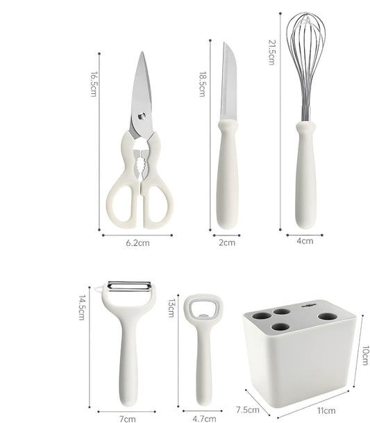 Stainless Steel 6-Piece Kitchen Gadgets Set, Kitchen Scissors, Kitchen Utensils Set with Holder, Paring Knife, Whisk, Bottle Opener, Peeler- Anti-Slip Handle, Decorative Base