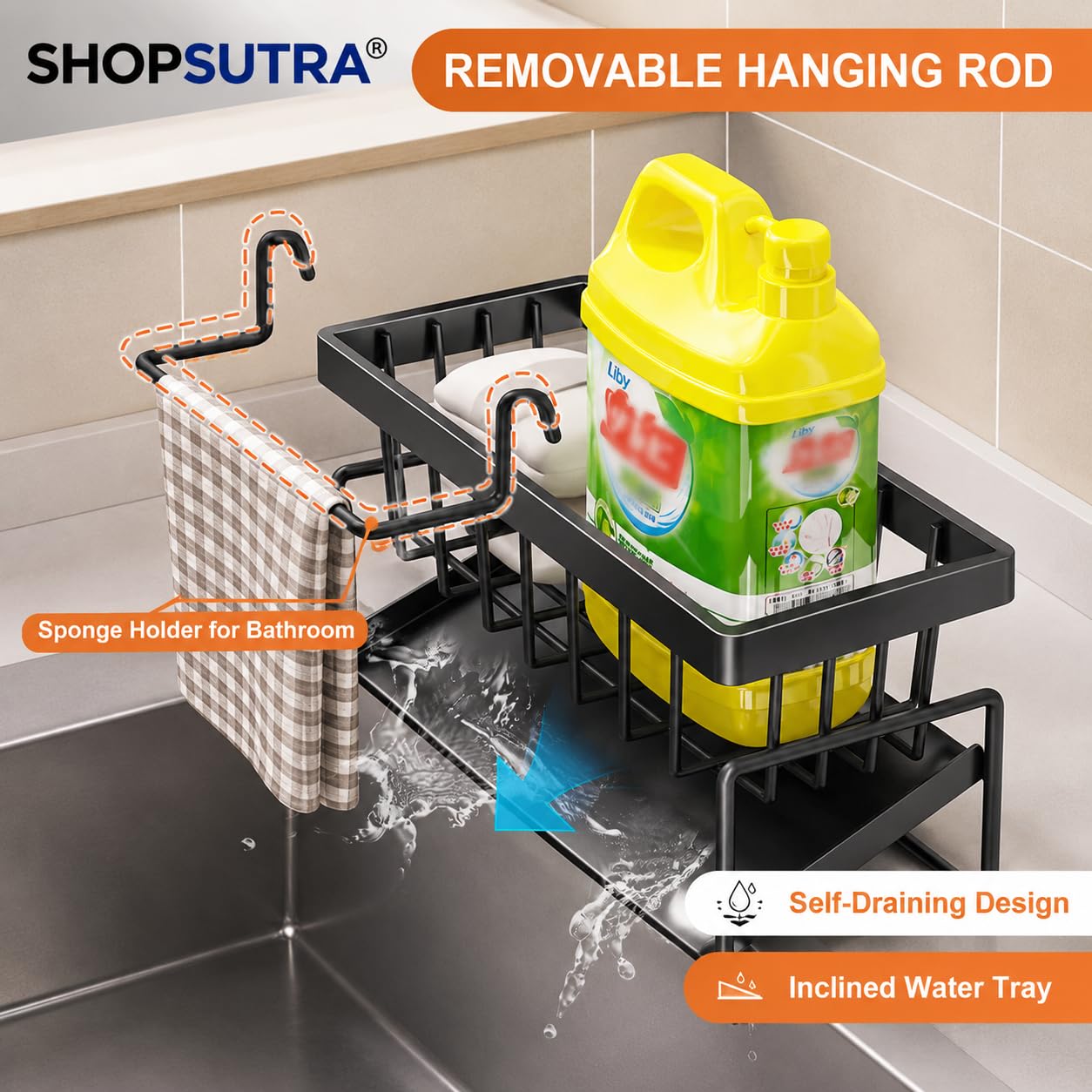 Kitchen Sink Organiser with Drain Tray, Countertop Storage Rack for Dish Soap Sponge Scrubber, Metal Wire Design, Black