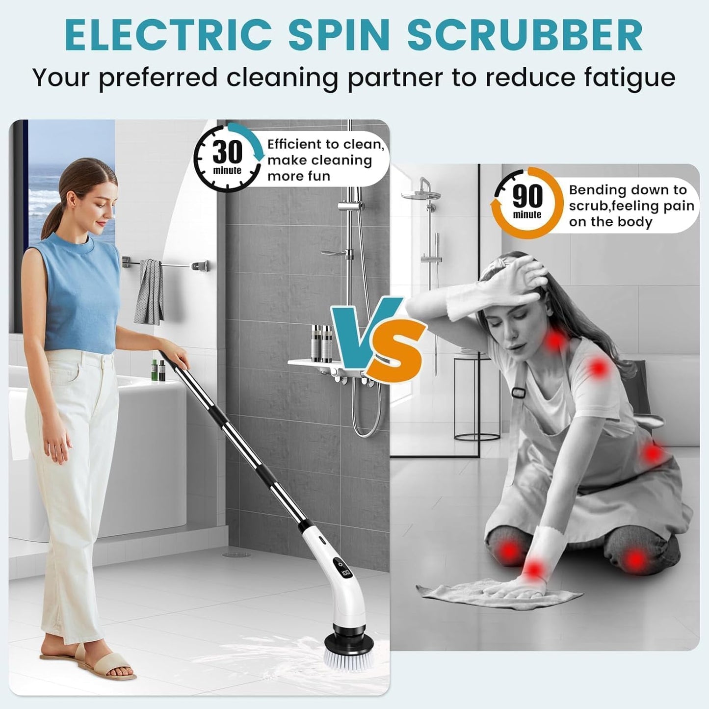 Seseno 9 in 1 Electric Spin Scrubber, Cleaning Brush Scrubber for Home, 300RPM/Min, 8 Replaceable Brush Heads, 3 Adjustable Size, 2 Adjustable Speeds, for Bathroom, Floor Tiles