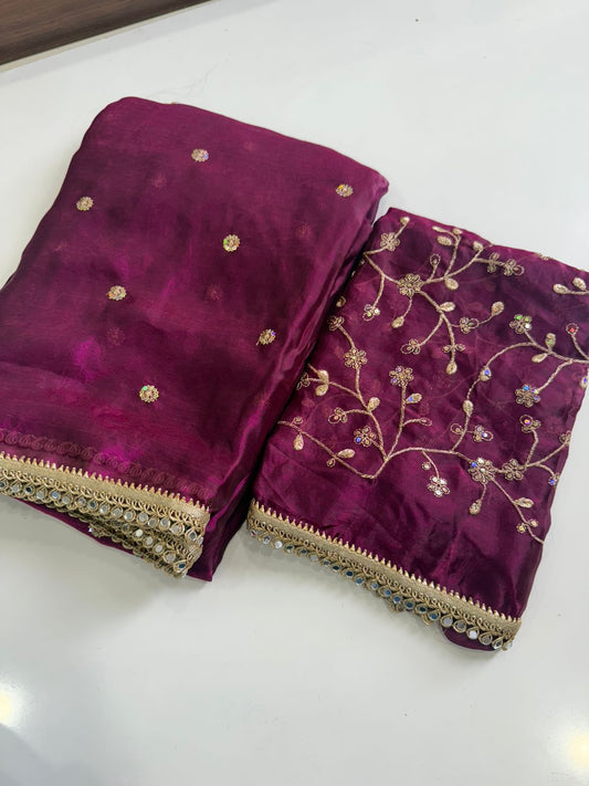 Space Sattin Multi Sequence Full Worked Saree With Original Mirror Lace & Havey Sequence Full Worked Blouse
