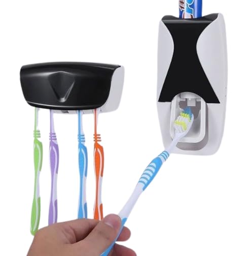 Wall Mounted Plastic Dust Proof Automatic Toothpaste Dispenser and 5 Toothbrush Holder with Cover Multicolor
