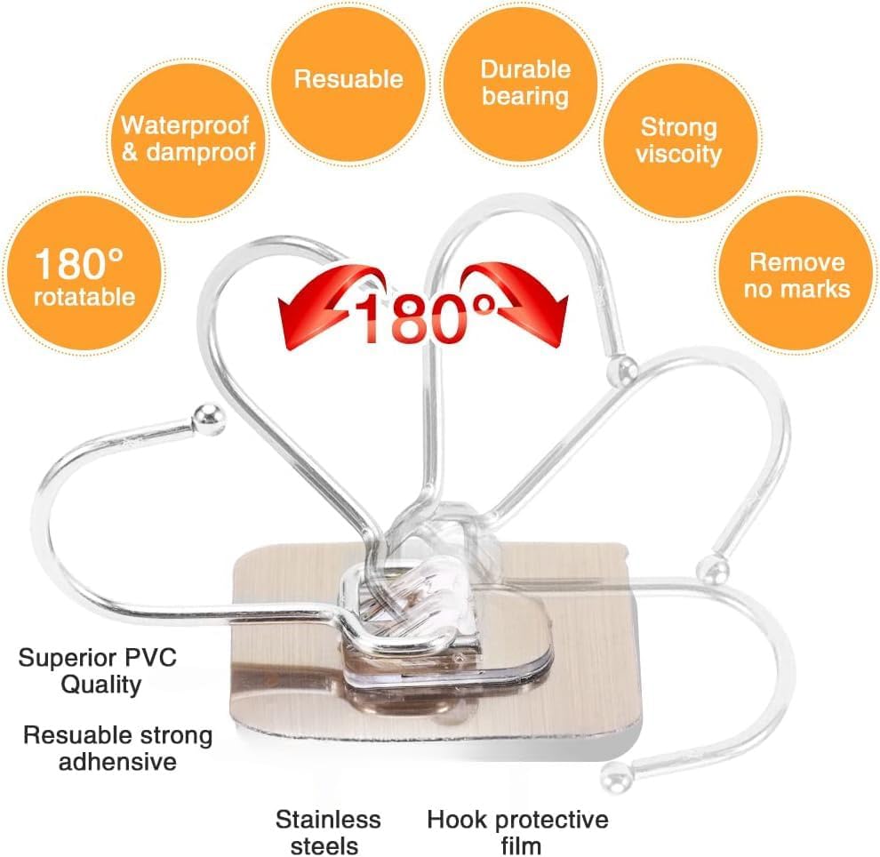 Pack of 10 Self Adhesive Large Hooks for Wall, Nail Free Stainless Big Hooks for Wall Without Drilling | Reusable & Transparent wall Hooks for Hanging Strong 5kg | Heavy Duty Wall Hooks