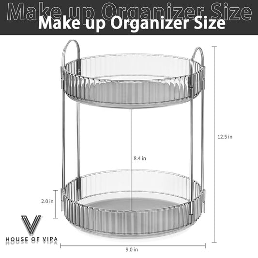 360° Rotating Makeup Organizer Box - Cosmetic Storage with Drawers, Plastic Makeup Holder Stand for Dressing Table, Lipsticks, Nail Polishes & Accessories (Light Gray, 2 Layer)