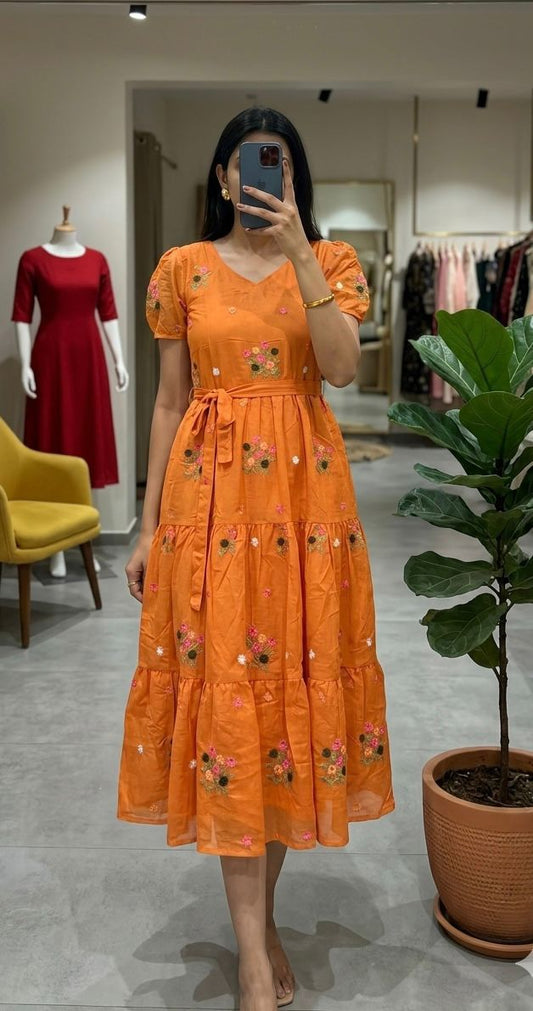 Celebrate this joy of dressing in the best way  Here presenting you a beautiful and comfortable maxi for the upcoming season with beautiful Flowers All Over  And Beautiful Neckline and Slevees Pattern