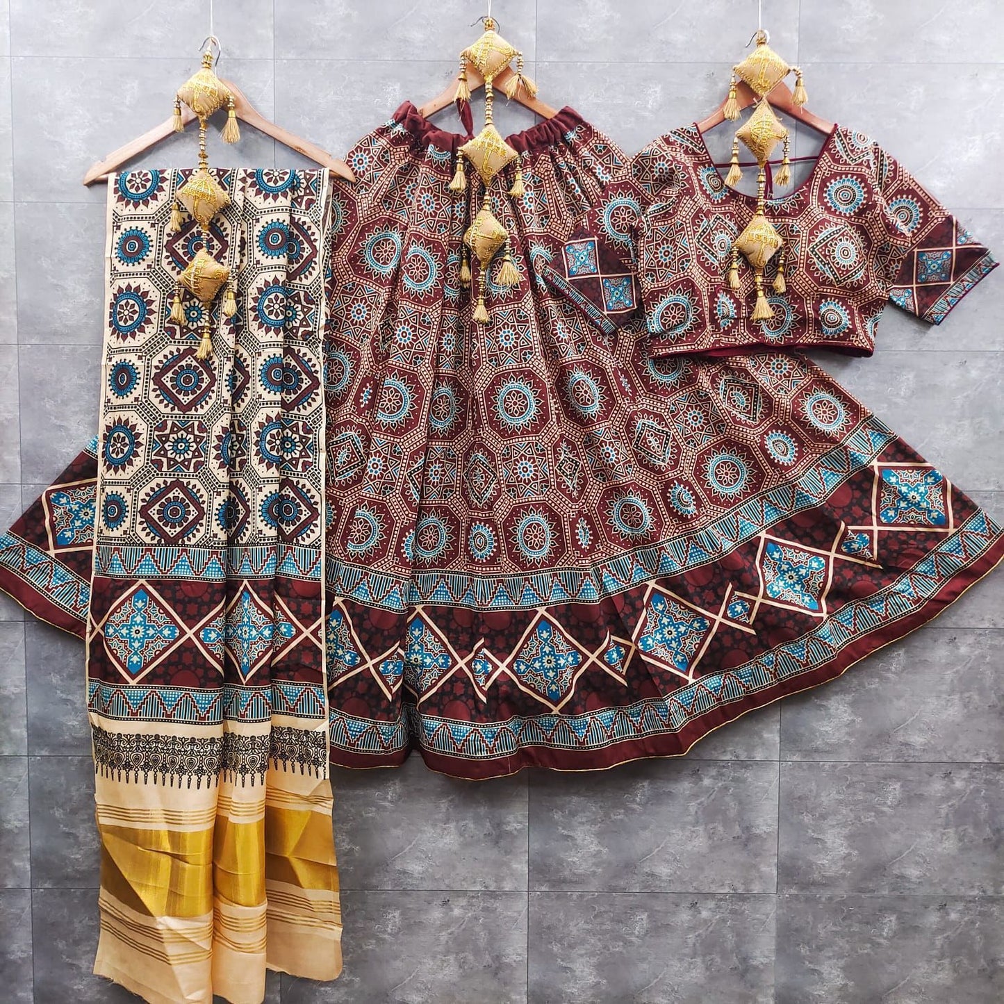 gaji modal lagdi patta duppata and ajrak choli   New arrivals   Maslin silk lehnga