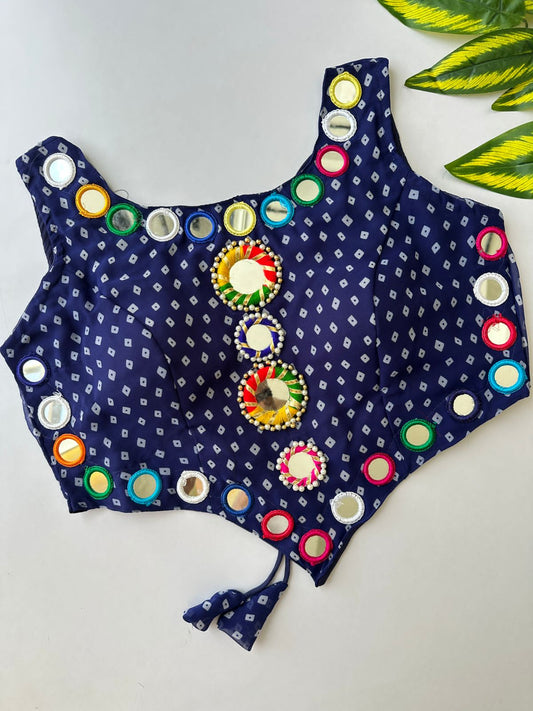 presenting new Navratri concept blouse with real hand mirror work*  Design name :- Navratri :21   FABRIC:-- Pure Georgette Bandhani with heavy mirror work