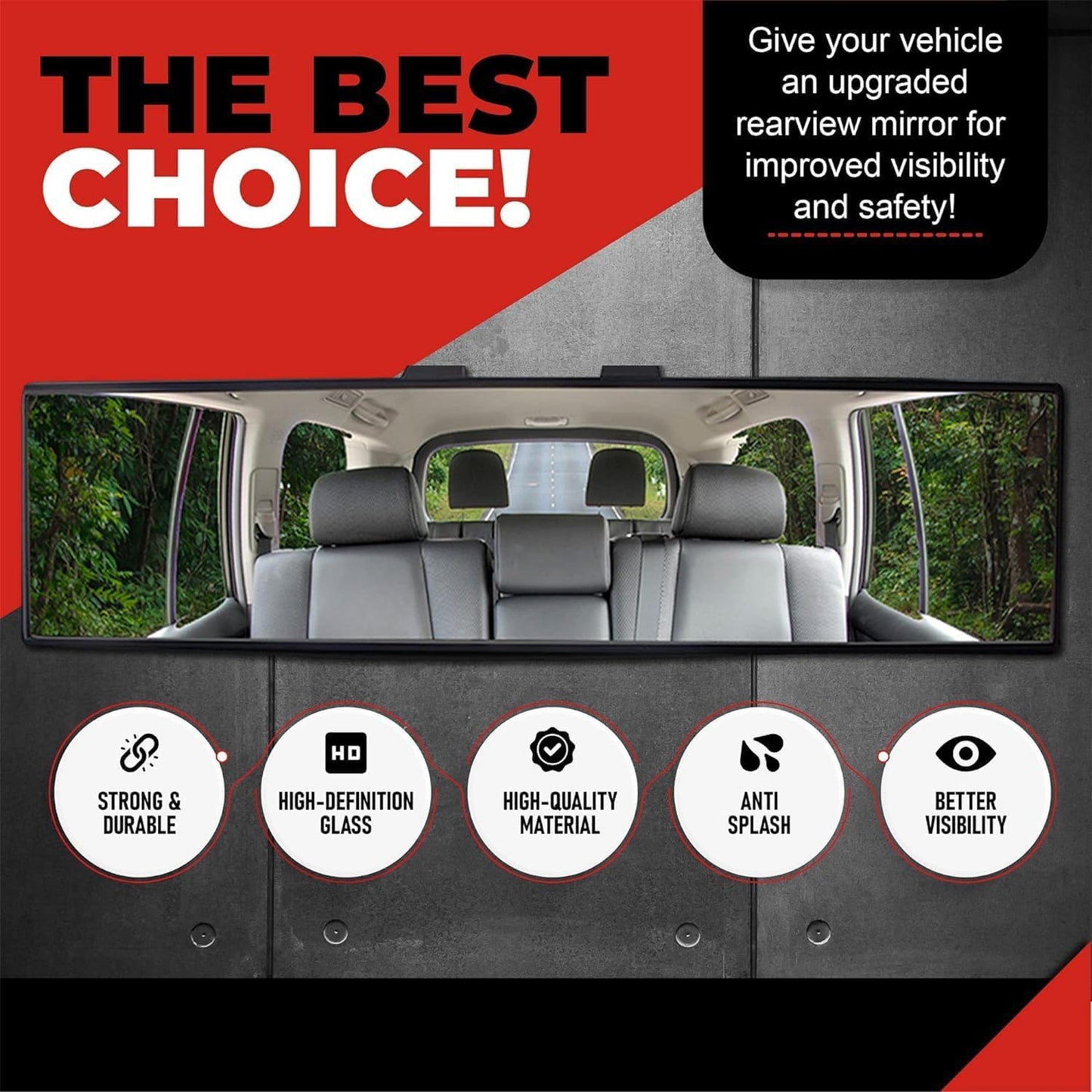 12 Inch Car Rear View Mirror – Anti-Glare Wide Angle Panoramic Mirror, Curved Surface Design, High Definition Glass, Universal Clip-On Interior Rearview Mirror