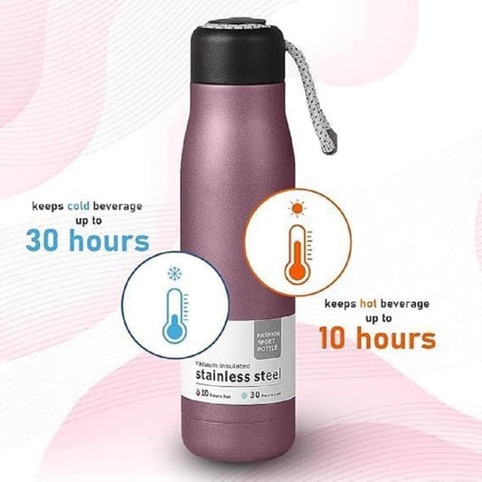 Stainless Steel Vacuum Insulated Water Bottle, 550ml, Pink, Leak Proof, Hot & Cold Flask for Gym, Travel, Office