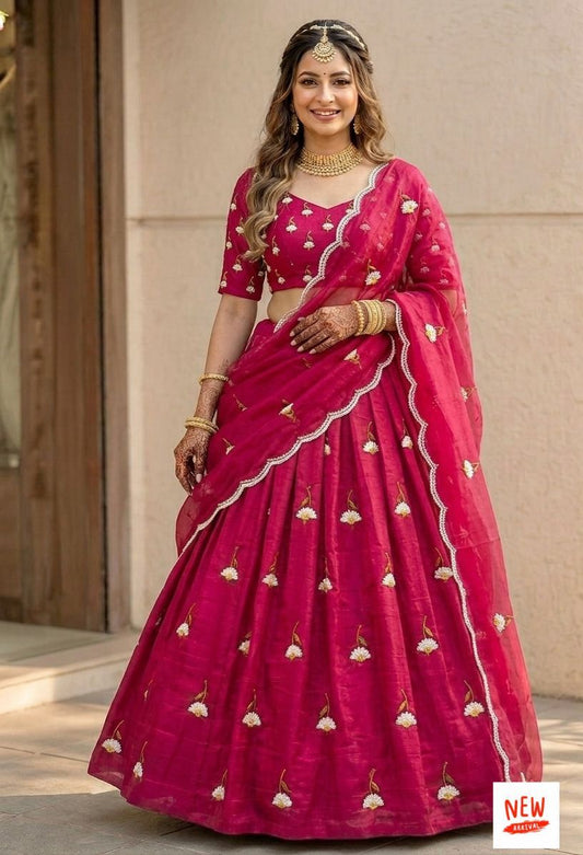 mul chanderi fabric   Lehnga :: mul chanderi fabric with zari &  thread &  sequnce work in lehnga with string with canvas with lining