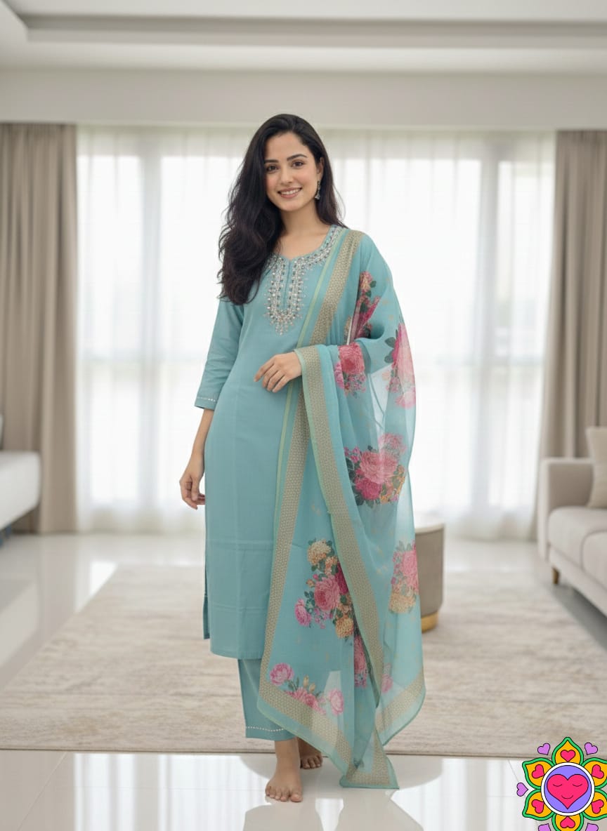 TOP FABRIC :  SLUB COTTON WITH CUT PEST EMBROIDERY WORK