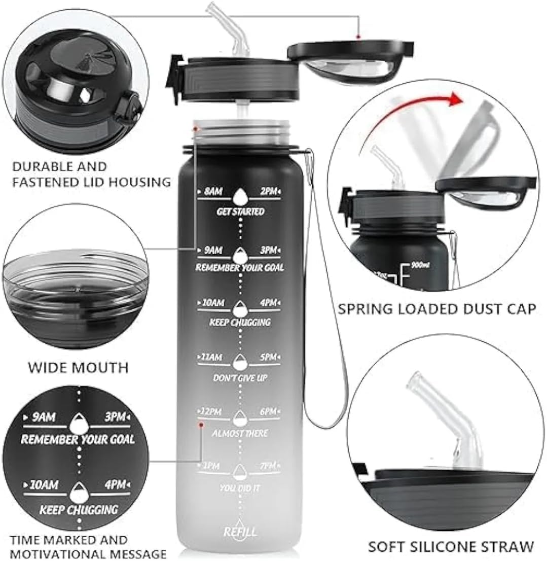 Transparent Motivational Water Bottle 900ML with Time Marker, Leakproof BPA Free Sipper Bottle for Gym, Office, School & Outdoor Use