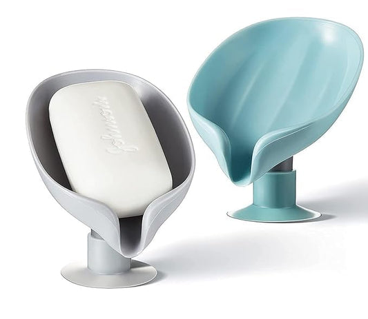 2 PCS Soap Stand Leaf Shape Self-Draining Soap Dish Holder – Suction Cup Soap Tray with Water Drainage for Bathroom, Kitchen Sink, Washbasin, Shower, Plastic Portable Soap Box (Multicolor)