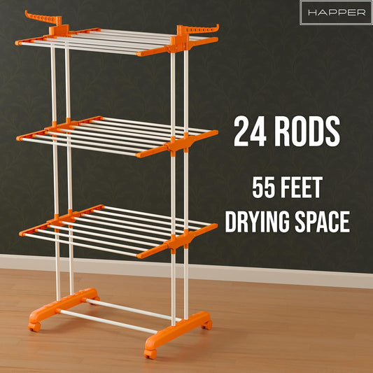 Happer Premium Clothes Stand for Drying with Wheels | Portable | 3 Layer Rack for Balcony | Foldable Wings | 24 Hanger Rods | Anti Rust Steel Metal (Orange | Prince Jumbo)