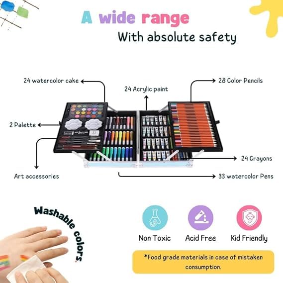145 Pieces Art Set for Kids. 145 Pcs Color Set. Unicorn Painting Box. Drawing Colour Pencils, Oil Pastel, Watercolours, Sketches, Crayons & Paint Brush. Vanity Color Box for School Project. Pink