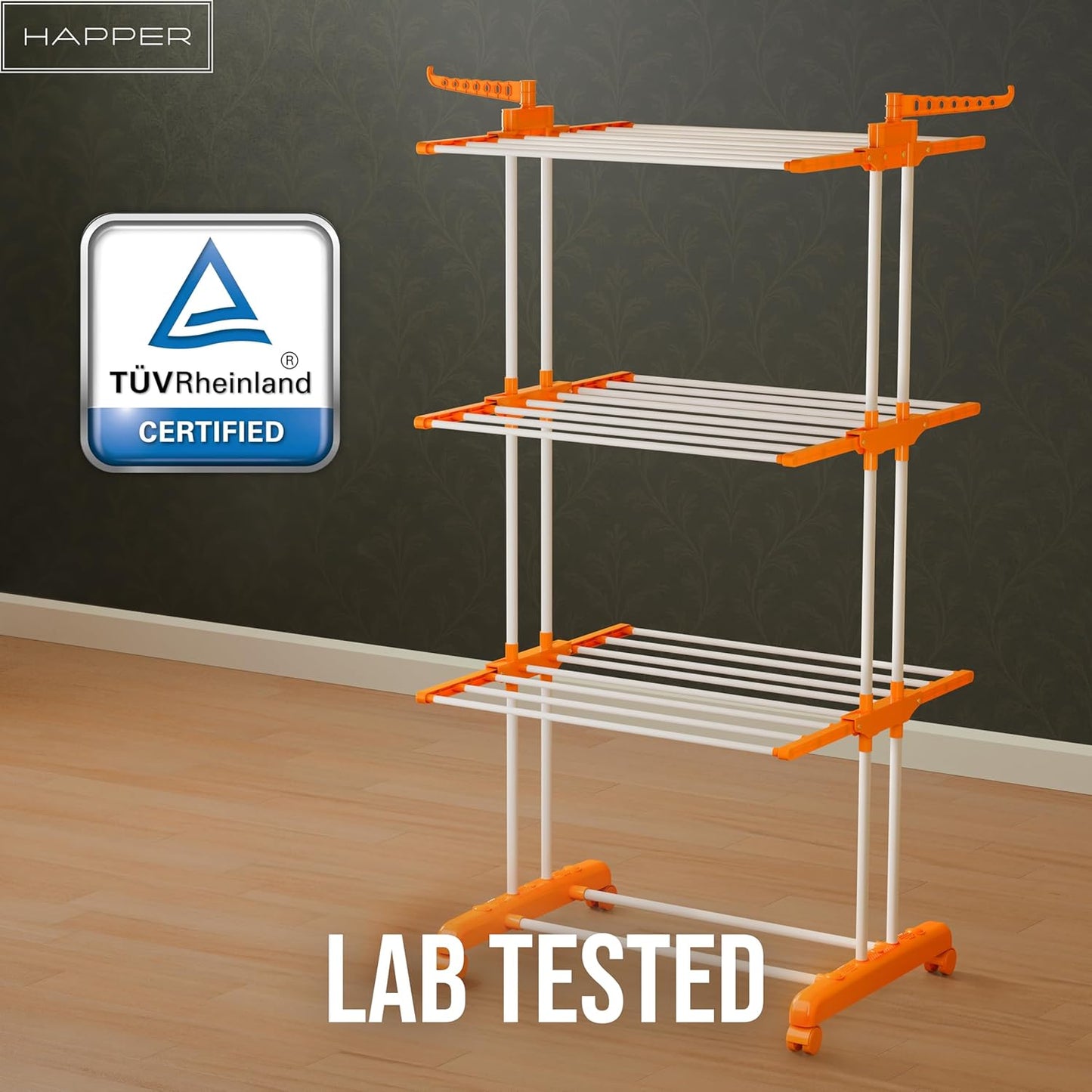 Happer Premium Clothes Stand for Drying with Wheels | Portable | 3 Layer Rack for Balcony | Foldable Wings | 24 Hanger Rods | Anti Rust Steel Metal (Orange | Prince Jumbo)