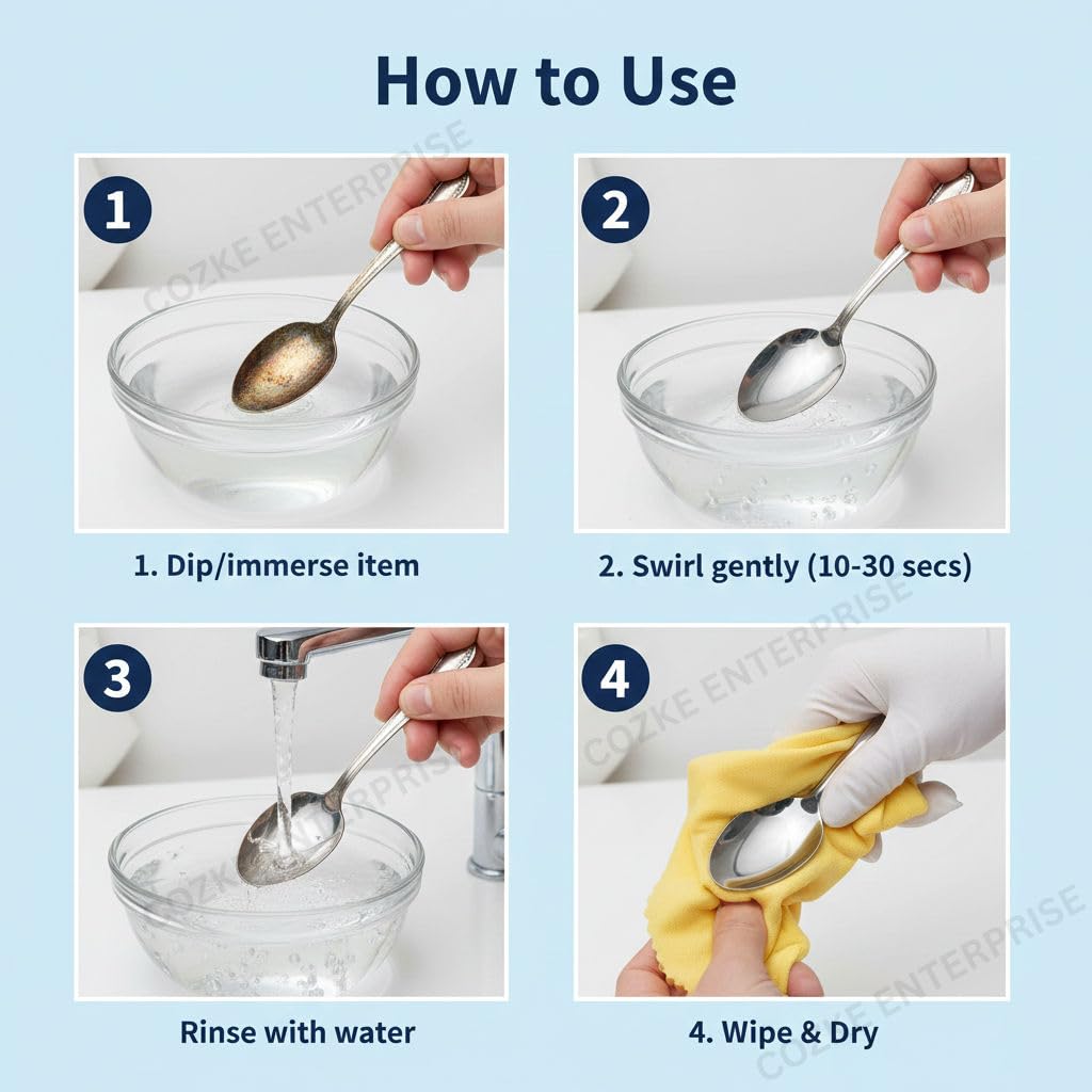 Silver Dip Cleaner Liquid - Fast Acting Tarnish Remover for Jewellery, Pooja Items & Utensils Instant Sparkling Clean