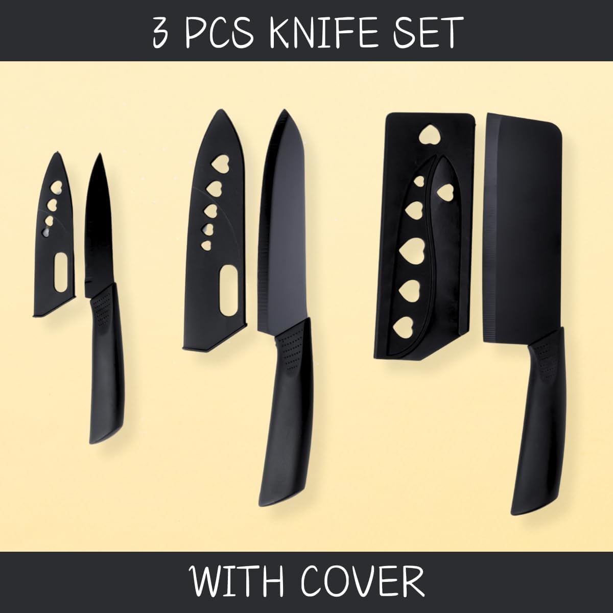 Klick n shop Stainless Steel Kitchen Knife Set – 3 Piece Chef, Utility & Paring Knives with Blade Cover | Sharp Vegetable, Fruit & Meat Cutting Knives with Ergonomic Handle (Black)