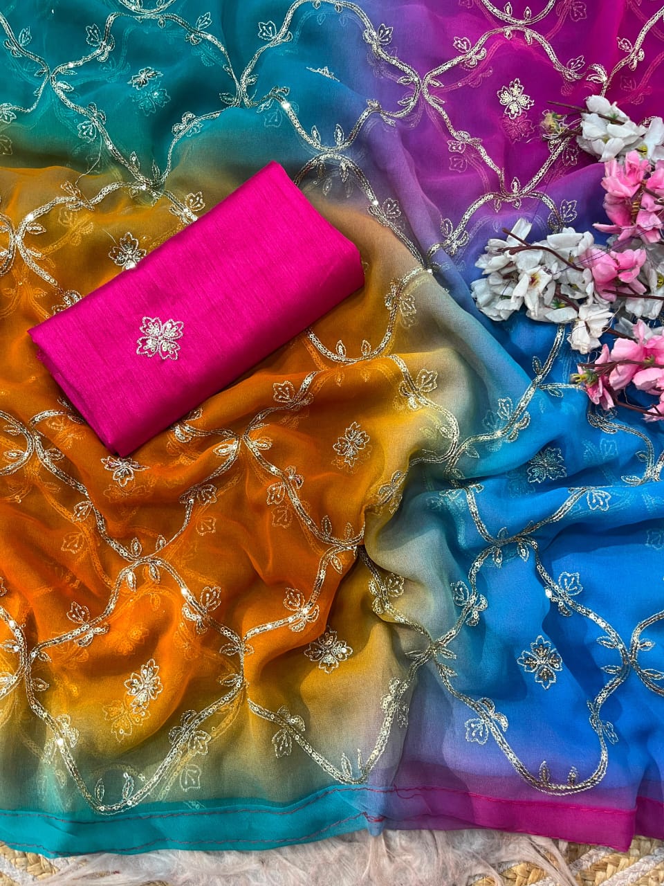 New launching booking fast Fabric - original thakur ji Georgette  Spray print Sequence work