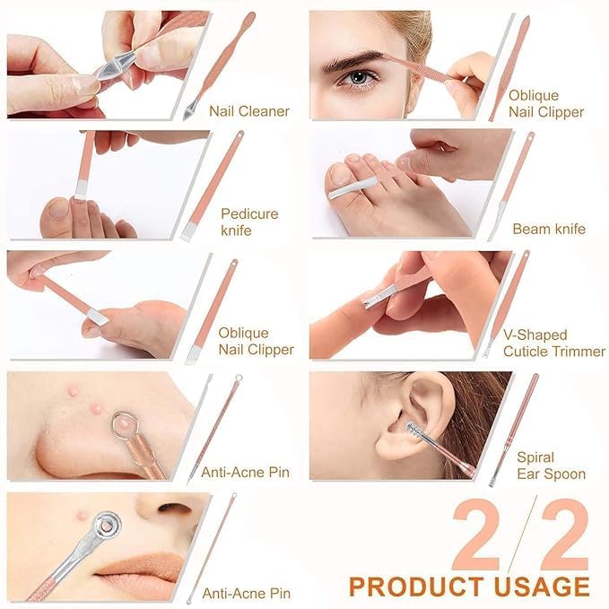 16 in 1 Manicure Kit for Women. Pedicure Tools for Feet, Nail Care Tools. Nail Clipper, Nail Scissor, Acne Needle, Blackhead Tool, Acne Remover Needle. Stainless Steel. Luxury Grooming Kit. Professional. Blue Leather Travel Case