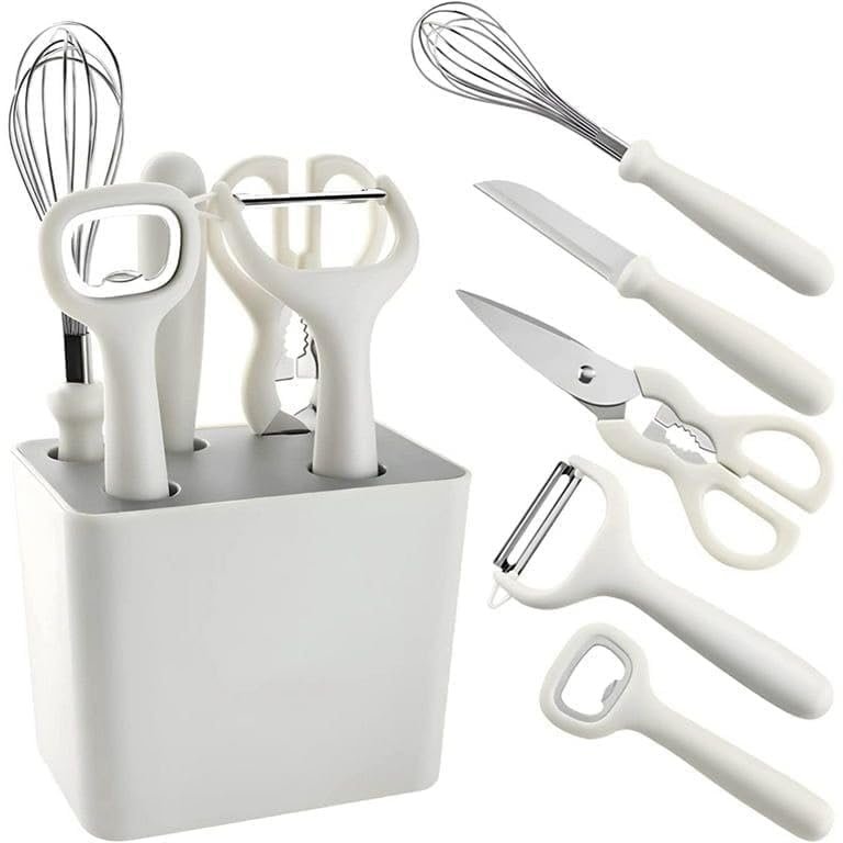 Stainless Steel 6-Piece Kitchen Gadgets Set, Kitchen Scissors, Kitchen Utensils Set with Holder, Paring Knife, Whisk, Bottle Opener, Peeler- Anti-Slip Handle, Decorative Base