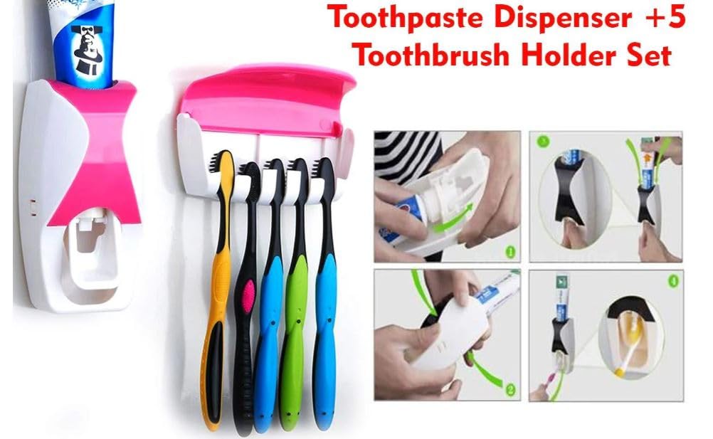 Wall Mounted Plastic Dust Proof Automatic Toothpaste Dispenser and 5 Toothbrush Holder with Cover Multicolor
