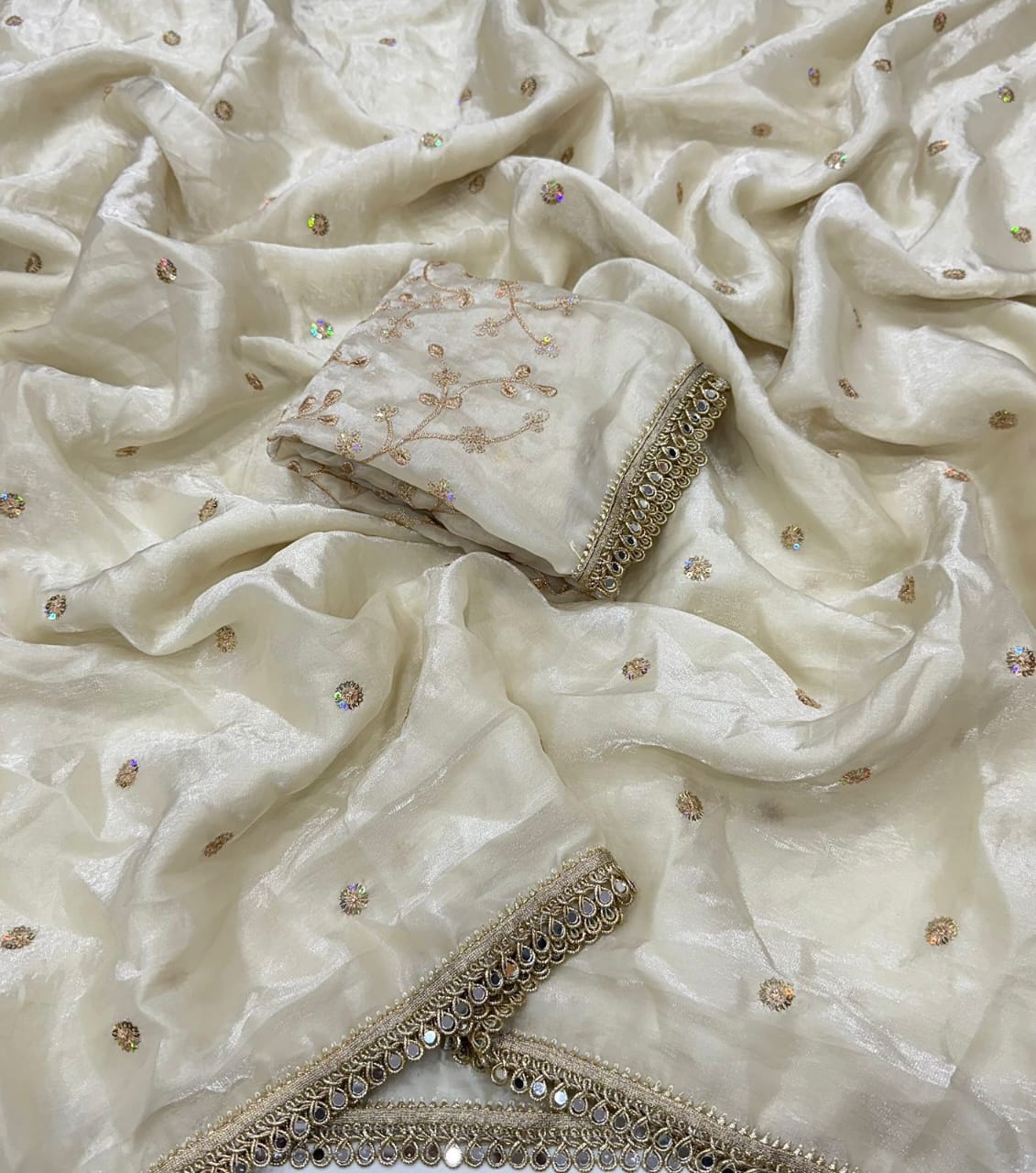 Space Sattin Multi Sequence Full Worked Saree With Original Mirror Lace & Havey Sequence Full Worked Blouse