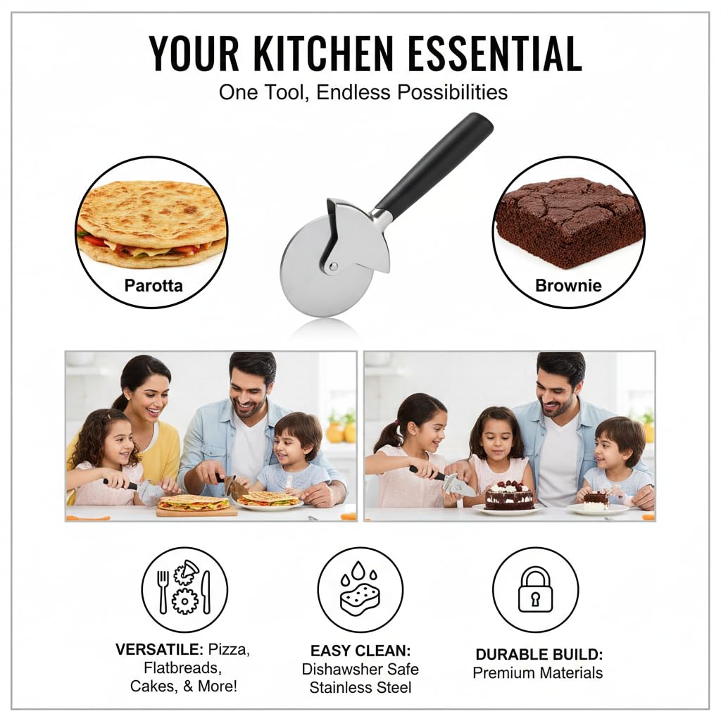 Klick N Shop Pizza Cutter for Kitchen Premium Pizza Cutter Steel Wheel with Ergonomic Non Slip Handle Sandwich Slicer for Roti Paratha Chapati Brownie Home Baking Pack of 1